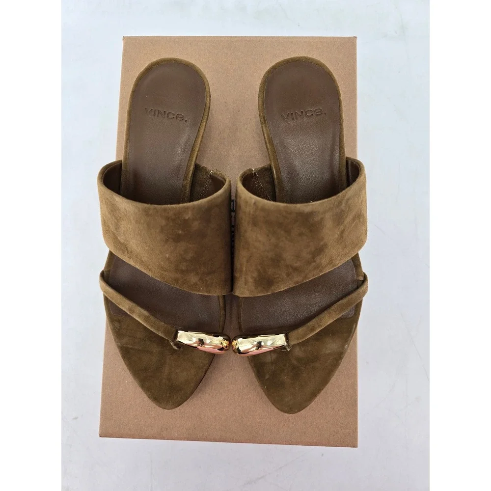 Vince Suzie Kitten Heel Sandals Womens 5 Olive Green Suede Toe Ring - NEW